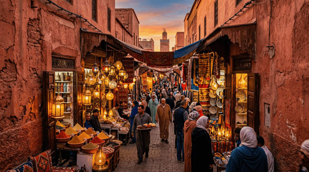 Marrakech, une des meilleures villes au Maroc médina rouge et souks colorés au coucher du soleil