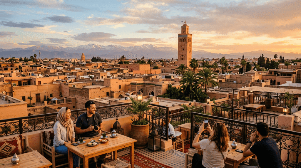 Meilleures villes à visiter au Maroc vue panoramique de Marrakech, Fès, Chefchaouen et Agadir au coucher du soleil