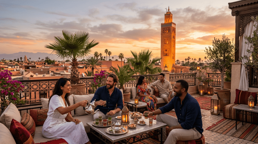 Meilleurs rooftops à Marrakech pour savourer un thé à la menthe (expérience locale 2026) Meilleurs rooftops Marrakech rooftop de luxe avec vue sur le minaret de la Koutoubia au coucher du soleil