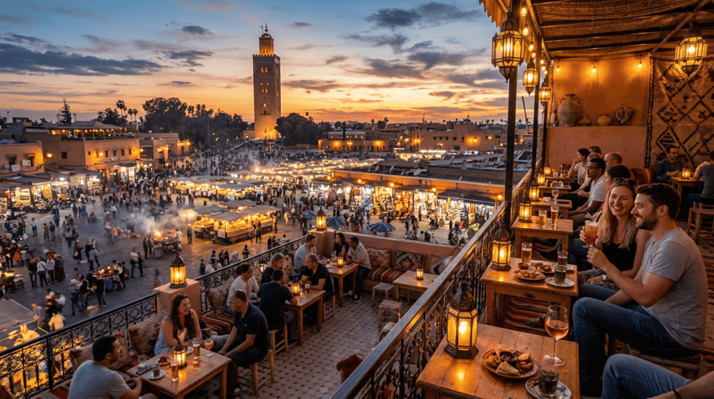 Meilleurs rooftops à Marrakech pour savourer un thé à la menthe (expérience locale 2026) Meilleurs rooftops Marrakech terrasse paisible d’un riad avec thé à la menthe et vue sur la médina