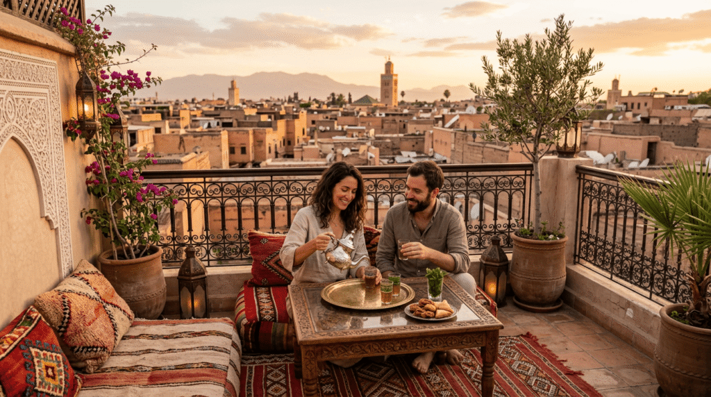 Meilleurs rooftops à Marrakech pour savourer un thé à la menthe (expérience locale 2026) Meilleurs rooftops Marrakech terrasse stylée dans la médina avec vue sur les toits rouges et minarets