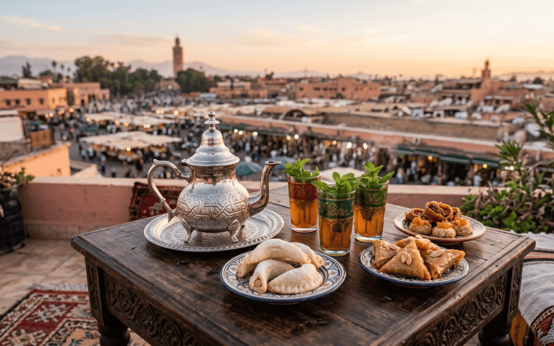 Meilleurs rooftops Marrakech vue panoramique de terrasses au coucher du soleil avec thé à la menthe