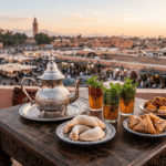 Meilleurs rooftops Marrakech vue panoramique de terrasses au coucher du soleil avec thé à la menthe