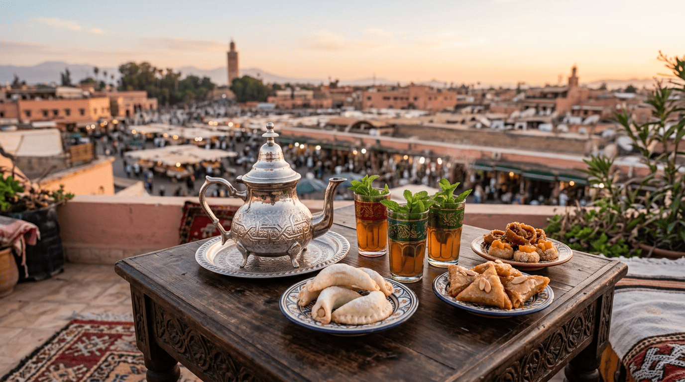 Meilleurs rooftops à Marrakech pour savourer un thé à la menthe (expérience locale 2026) Meilleurs rooftops Marrakech vue panoramique de terrasses au coucher du soleil avec thé à la menthe