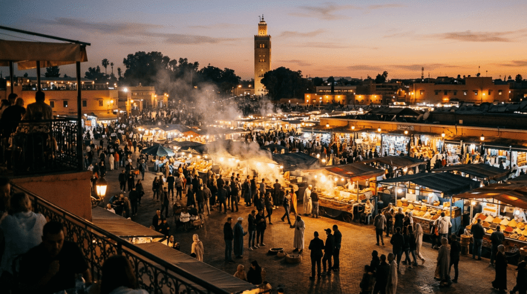 Meilleurs rooftops à Marrakech pour savourer un thé à la menthe (expérience locale 2026) Meilleurs rooftops Marrakech vue sur la place Jamaa El Fna depuis un rooftop au coucher du soleil