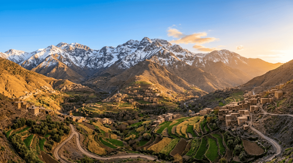 Montagnes Atlas randonnées vue panoramique sur le Haut Atlas au coucher du soleil avec sommets enneigés