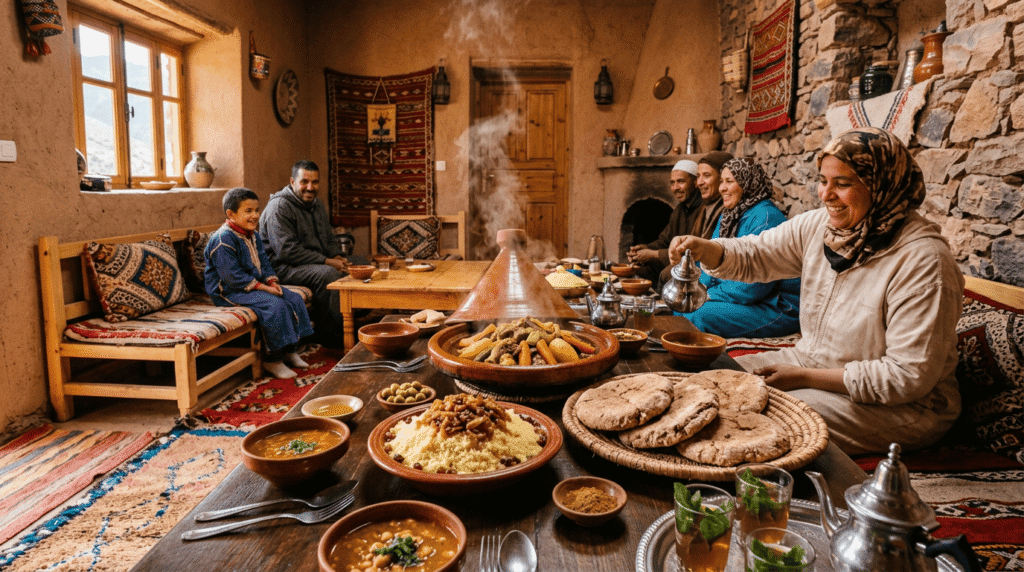 Repas traditionnel berbère dans un gîte de montagne dans l’Atlas marocain