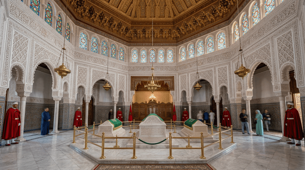 Visiter Rabat en 2 jours intérieur du Mausolée Mohammed V avec marbre blanc et vitraux colorés