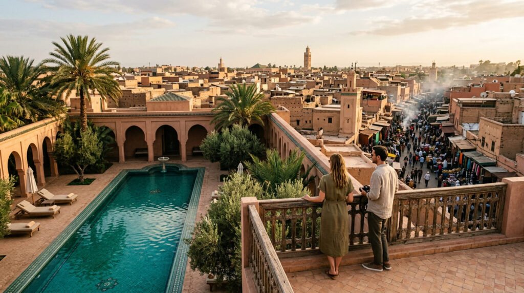 Voyage Maroc tout compris : avantages, prix et conseils pour bien choisir Vue panoramique d’un resort all inclusive au Maroc avec mer et montagnes