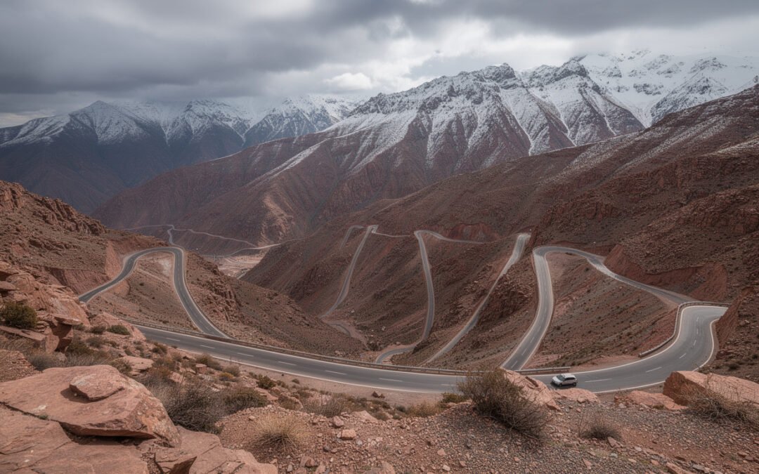 Col du Tizi n’Tichka Maroc – route de montagne sinueuse dans le Haut Atlas, sommets rocheux et enneigés, paysage spectaculaire avec voiture isolée, col entre Marrakech et Ouarzazate