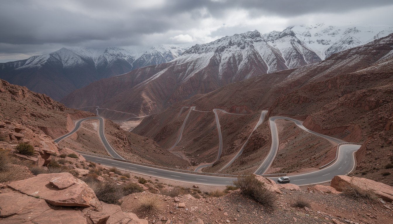 Col du Tizi n’Tichka Maroc – route de montagne sinueuse dans le Haut Atlas, sommets rocheux et enneigés, paysage spectaculaire avec voiture isolée, col entre Marrakech et Ouarzazate