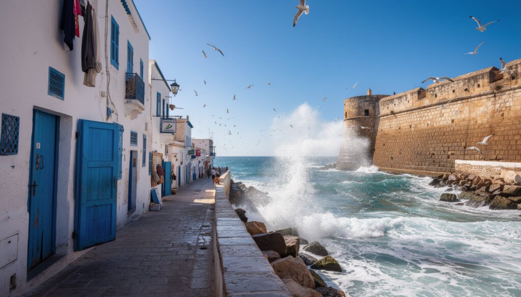 Essaouira Maroc – médina blanche et bleue face à l’océan Atlantique