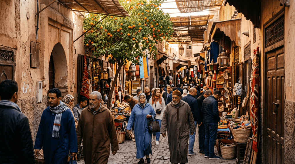 Souk anime au Maroc en automne pour illustrer la meilleure periode pour visiter les villes imperiales