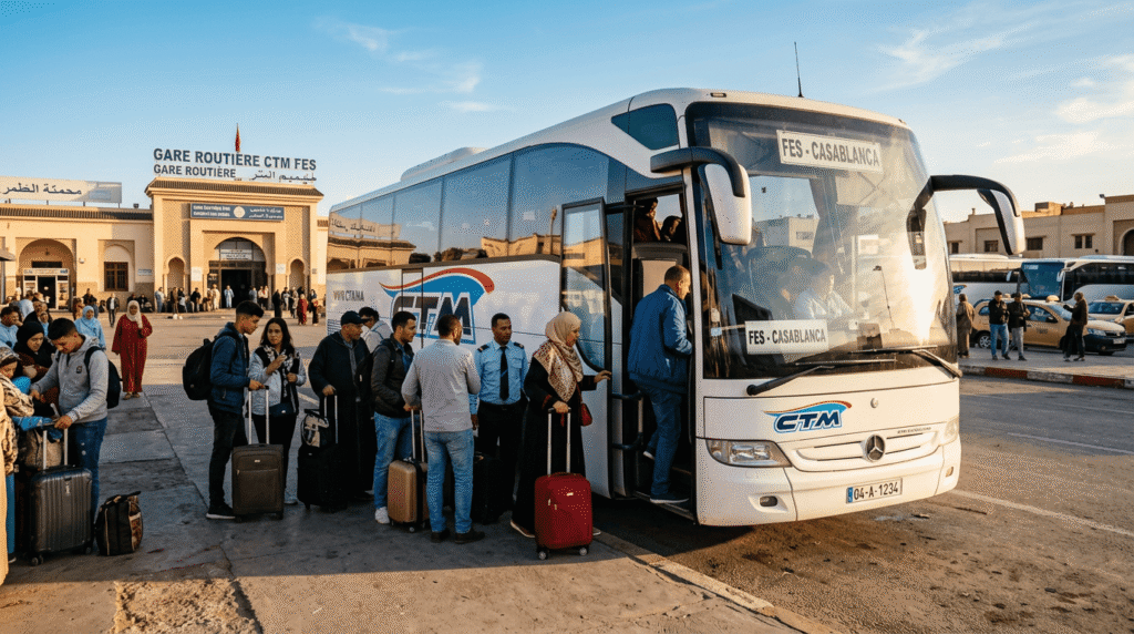 Bus CTM en gare de Fès au départ pour Chefchaouen, option de transport en commun économique pour rejoindre la ville bleue