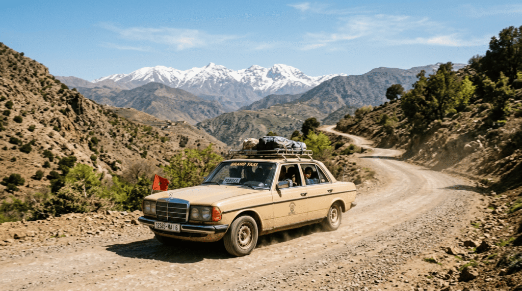 Grand taxi marocain sur la route entre Fès et Chefchaouen, moyen de transport flexible et confortable pour rejoindre la ville bleue
