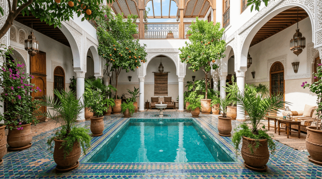 Meilleurs riads Marrakech : piscine privée d’un riad de luxe avec pétales de rose et ambiance relaxante