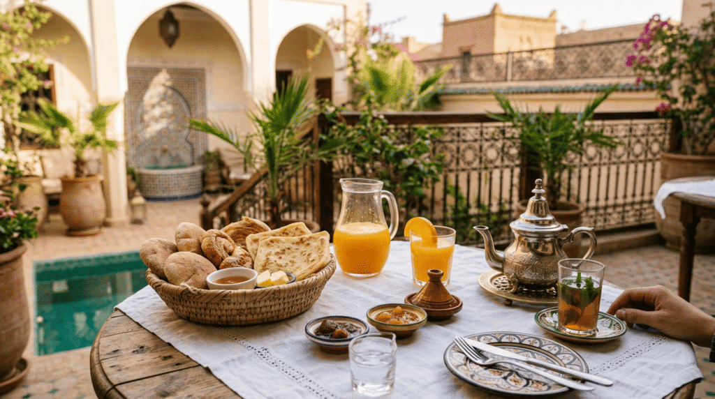 Petit déjeuner marocain servi dans le patio des meilleurs riads Marrakech