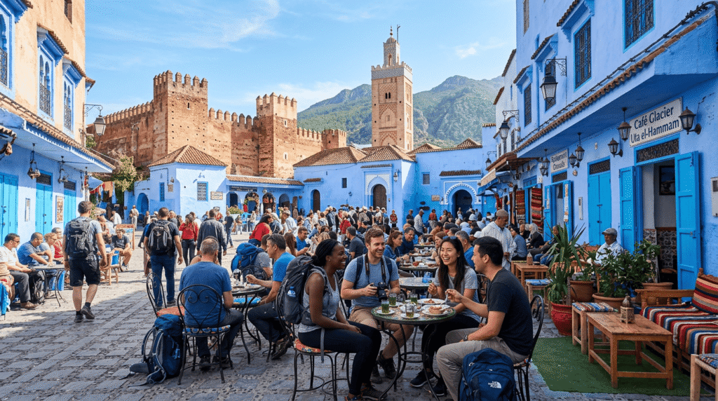 Place Uta el-Hammam au cœur de la médina de Chefchaouen avec la kasbah et la grande mosquée, incontournable lors d'une visite depuis Fès