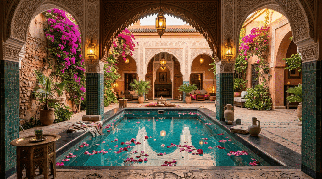 Meilleurs riads Marrakech : patio classique avec zellige, fontaine centrale et orangers