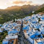 Vue panoramique de Chefchaouen, la ville bleue du Maroc, avec ses ruelles peintes en bleu dans les montagnes du Rif