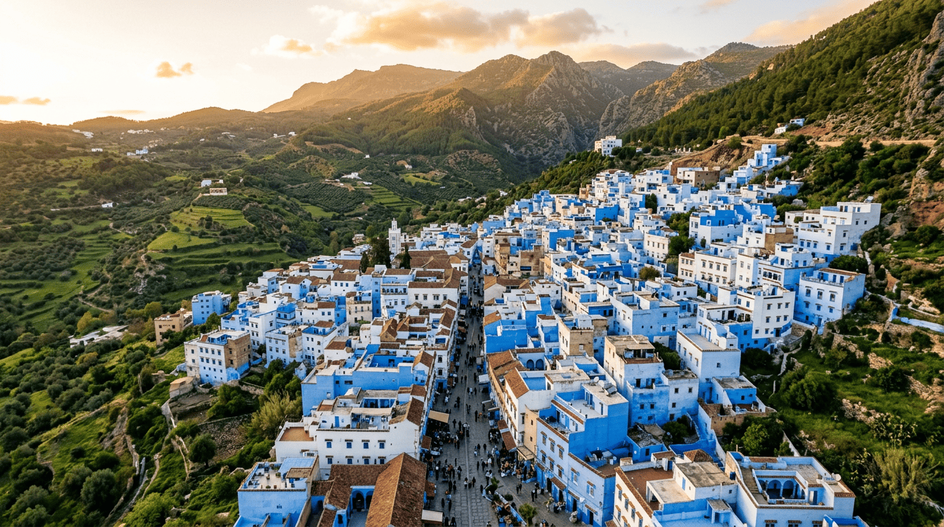 Chefchaouen depuis Fès : comment y aller facilement (guide 2026) Vue panoramique de Chefchaouen, la ville bleue du Maroc, avec ses ruelles peintes en bleu dans les montagnes du Rif